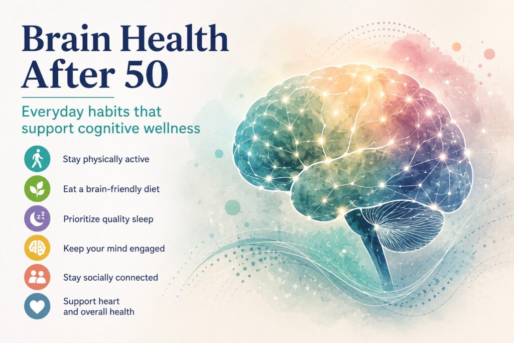 Abstract illustration of a colorful human brain representing brain health and cognitive wellness after age 50.