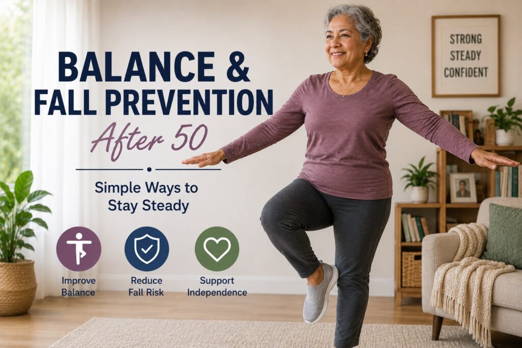 Older brunette woman practicing a one-leg balance exercise at home to support stability, mobility, and fall prevention.