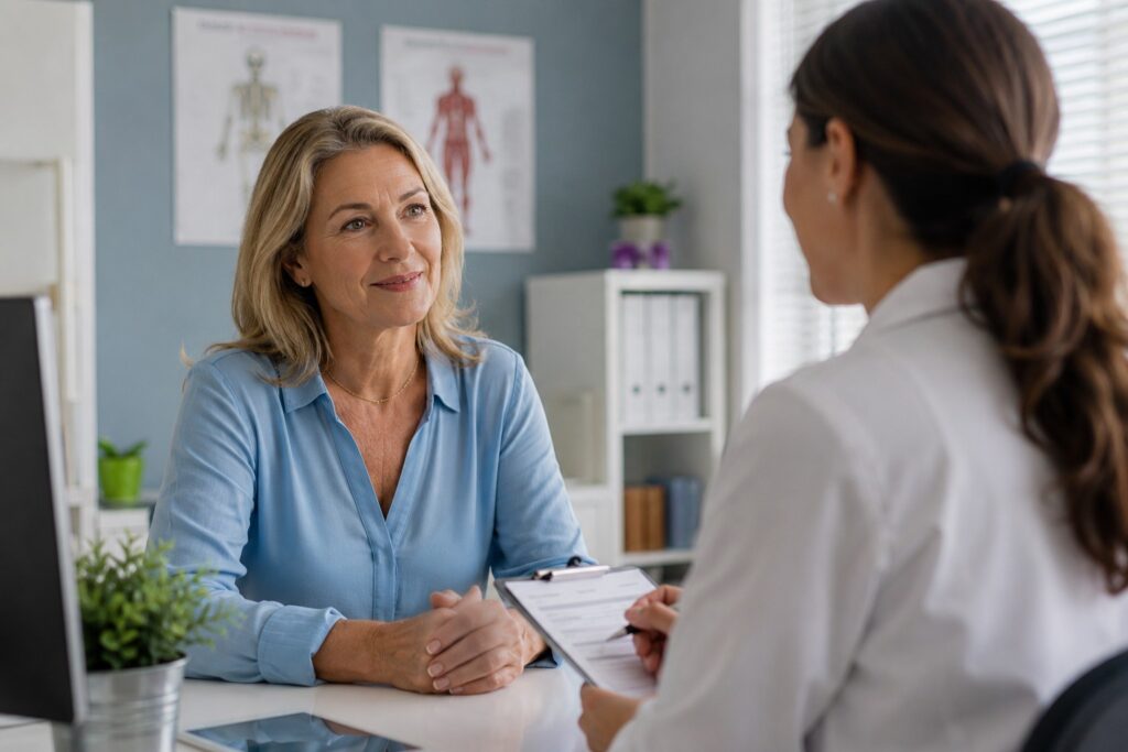 Woman over 50 talking with a healthcare provider during a preventive health screening appointment