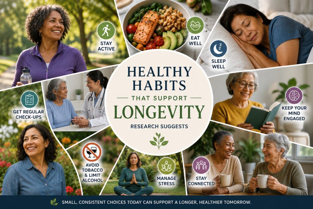 Collage illustrating healthy habits that support longevity, including physical activity, balanced nutrition, quality sleep, stress management, social connection, and preventive healthcare.