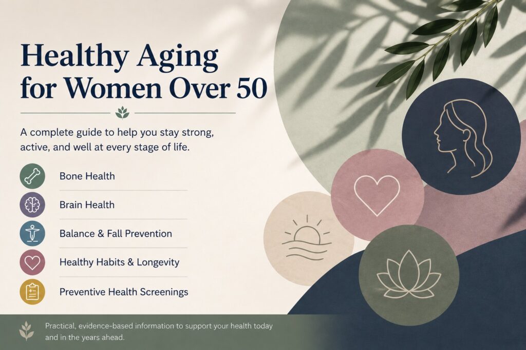 Abstract healthy aging illustration with wellness icons for women over 50.
