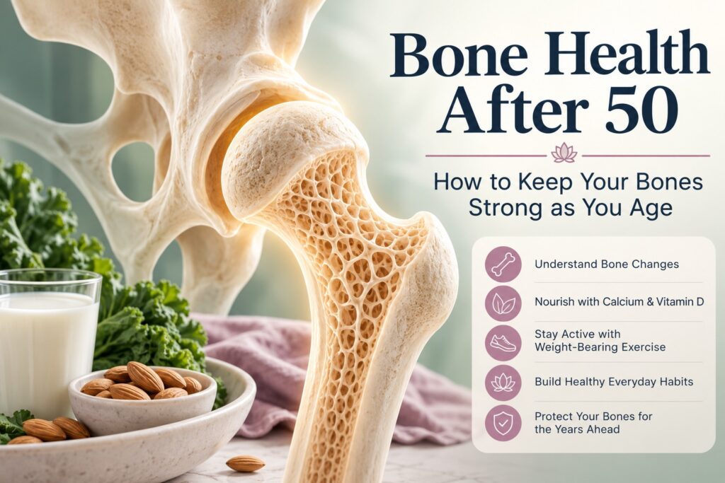 Illustration of a healthy hip bone surrounded by calcium-rich foods.